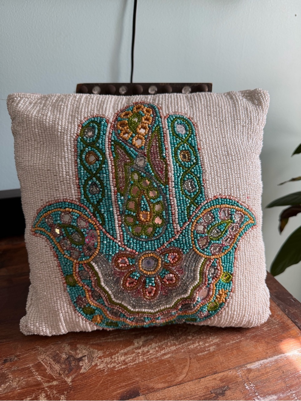 Beaded Hamsa Decorative Throw Pillow - Teal & Pink Embellished